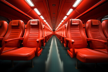 airplane cabin with red seats,.   