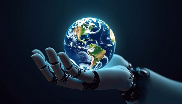 3D rendering of a robotic hand holding a glowing planet Earth on a futuristic background, planet, robotic, global, technology, future, render, science, modern - Powered by Adobe