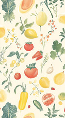 Obraz premium A colorful pattern featuring various fruits and vegetables on a light background.