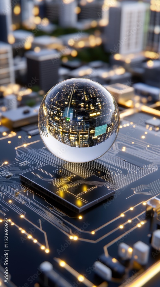 Poster a close-up view features a world globe set on a computer motherboard, emphasizing the blend of techn