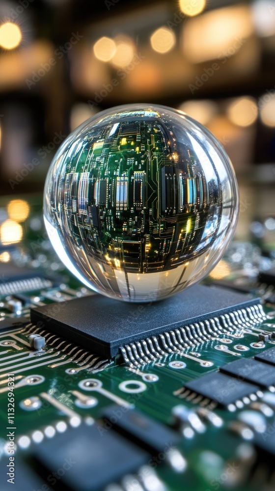 Poster a close-up view features a world globe set on a computer motherboard, emphasizing the blend of techn
