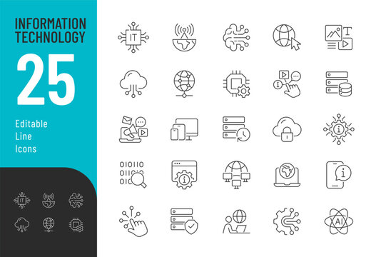 Information Technology Line Editable Icons set. Vector illustration in modern thin line style of science related icons: internet, artificial intelligence, devices, and more. Pictograms and infographic