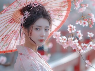 asian beautiful Woman in white kimono under the Sakura Tree . Atmosphere Cherry blossom tree. Background Bridge
