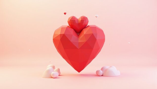 Low-Poly Red Heart with Smaller Hearts and Floating Spheres on Pastel Background, for Romantic and Abstract Valentine Designs