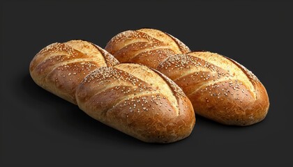 Four freshly baked loaves of bread with sesame seeds on a black background.