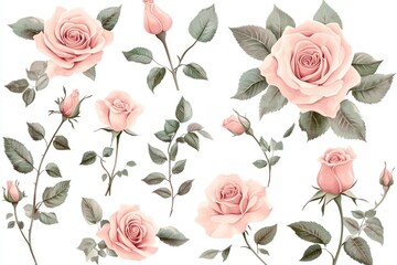 Delicate Collection of Hand-Drawn Pink Roses and Buds with Green Leaves Perfect for Floral Designs, Invitations, and Greeting Cards