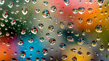 Hyper-realistic wallpaper showing water drops on a clear glass surface with colorful reflections. full ultra hd, high resolution