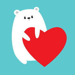Fototapeta premium White polar bear holding big red heart. Happy Valentines Day. Kawaii head face. Cute cartoon funny animal character. Love card. Childish style. Flat design. Blue background. Isolated. Vector