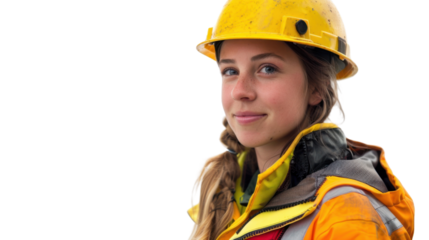 American caucasian young female engineer with safety helmet on white background
