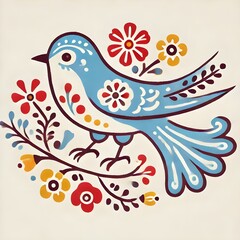 Obraz premium A Touch of Folk Blue Bird and Flowers