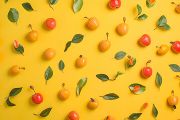 A vibrant arrangement of colorful fruits and leaves on a bright yellow background.