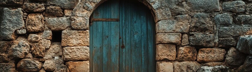 Weathered Teal Door in Ancient Stone Wall