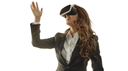 American caucasian young businesswoman watching vr glasses laughing and gesturing with hand on white background