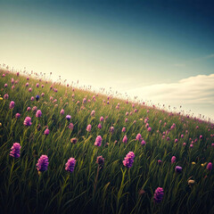 Obraz premium A vast expanse of vibrant purple flowers stretches towards a clear blue sky