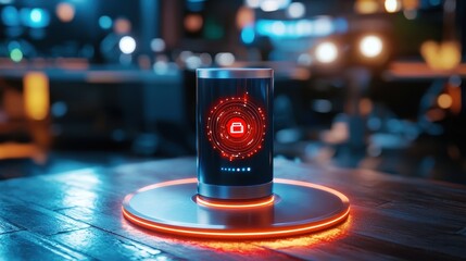 A futuristic device emits a glowing red circle, featuring a prominent logo, set against a blurred background of colorful lights.