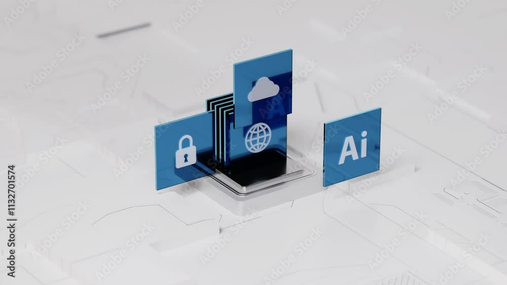 Poster 3D Rendering floating Icon Box About AI Artificial intelligence Technology and cloud computing technology