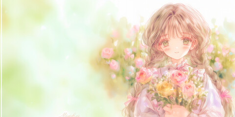 Fototapeta premium バラの花束を持つ女性。水彩画。イラスト。