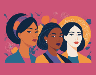 International Women's Day banner concept. Vector flat modern illustration of three female silhouettes of different nationalities, consisting of a pattern of abstract diverse female portraits