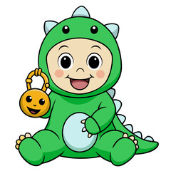 Obraz premium Cute baby dinosaur costume, smiling baby in green dinosaur outfit holding toy, playful expression, cartoon style, vector illustration, isolated, flat