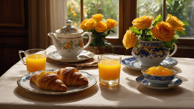 breakfast with jus orange, coffee and croissant