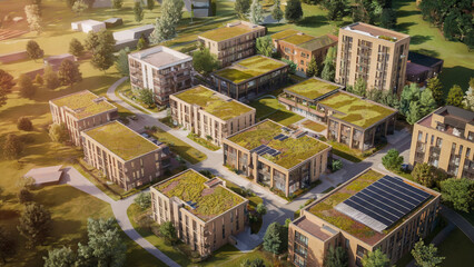 An aerial view showcasing a neighborhood designed with green roofs, solar energy systems, and environmentally friendly materials.