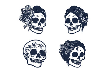 Fototapeta premium Skull illustrations with floral designs, four unique skulls featuring floral elements, intricate details, dark color scheme, vector illustration, isolated, flat
