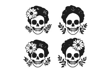 Obraz premium Skull illustrations with floral designs, four unique skulls featuring flowers and leaves, black and white art, decorative elements, vector illustration, isolated, flat