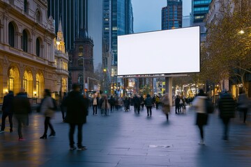 Fototapeta premium Urban City Street Scene at Dusk with Empty Digital Billboard Surrounded by Pedestrians in Motion Capturing Modern Life and Urban Environment in a Metropolis