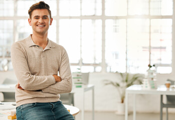 Portrait, architecture and businessman in office, creative and smile for design agency and...