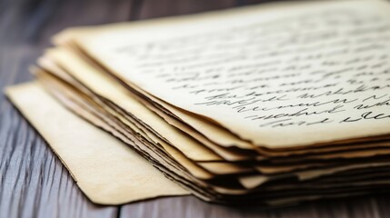 A close-up of a stack of vintage letters with handwritten text on aged paper, resting on a wooden surface, evoking nostalgia and the charm of timeless communication