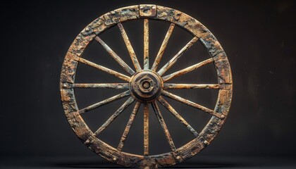 Obraz premium A weathered wooden wagon wheel with 12 spokes against a dark background.