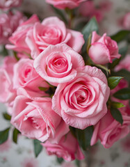 Obraz premium Bouquet of pink roses close up, toned, soft focus. Floral vintage background, clipart style, with white tones