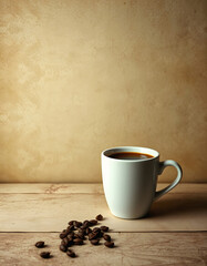 a cup of coffee on vintage grunge background wallpaper. lot of free blank copy space for own text or ad, dramatic atmosphere, with white tones