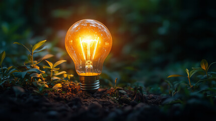 Glowing electric light bulb standing vertically on the ground with growing plants not connected to anything by wires