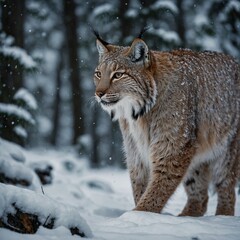 Obraz premium A lynx walking through a snowy forest.