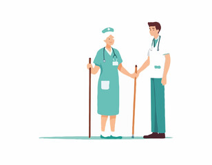 Elderly people support. Vector illustration of senior woman with walking stick and a young male nurse helping her. Isolated on white.