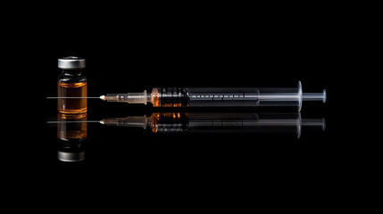 Syringe and vial of liquid positioned against a dark background showcasing medical equipment for vaccinations