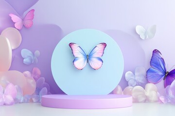 3d podium colorful butterfly background