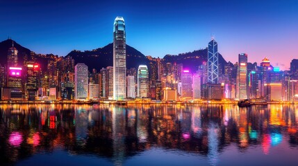 Naklejka premium Vibrant Night View of Hong Kong Skyline with Reflections in Water