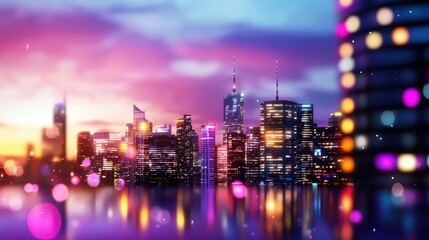 Fototapeta premium Vibrant City Skyline at Sunset with Colorful Lights Reflection