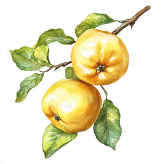 Watercolor illustration of quince fruit with leaves on branch