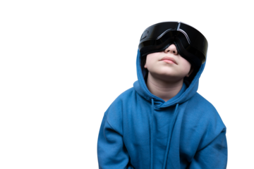Portrait of a girl with a virtual reality headset in a blue hoodie on a transparent background. Virtual reality glasses. Cyberspace, entertainment, online leisure concept	