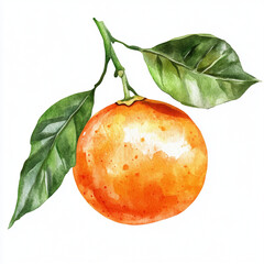 Watercolor illustration of clementine with green leaves, vibrant colors