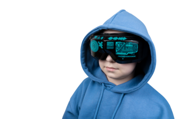 Portrait of a girl with a virtual reality headset with HUD in a blue hoodie on a transparent background. Virtual reality glasses. Cyberspace, entertainment, online leisure concept	