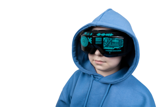 Portrait of a girl with a virtual reality headset with HUD in a blue hoodie on a transparent background. Virtual reality glasses. Cyberspace, entertainment, online leisure concept	