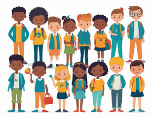 Obraz premium Primary School Children collection. Vector cartoon illustration of a group of diverse children, standing in full growth in casual closes with accessories. Isolated on white