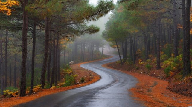 Meandering road winds through a vibrant autumn forest in the misty mountains