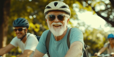 A group of senior men and women riding bicycles in the park, with smiling faces wearing sunglasses, helmets, blue T-shirts, and sportswear.