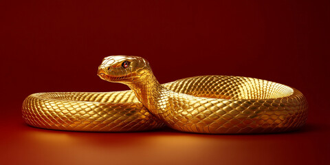 Obraz premium Luxurious golden snake with fine details, coiled elegantly on rich red background, exuding sense of opulence and allure