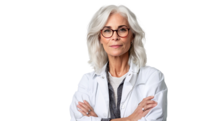 American caucasian senior female handsome doctor arms crossed on white background
